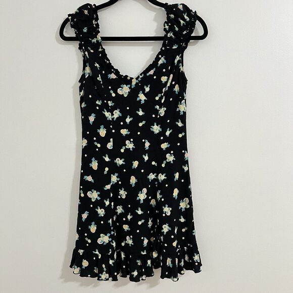 FREE PEOPLE Like A Lady Sweetheart Mini Dress Size XS Black Lemon Print Bohemian - Picture 2 of 7